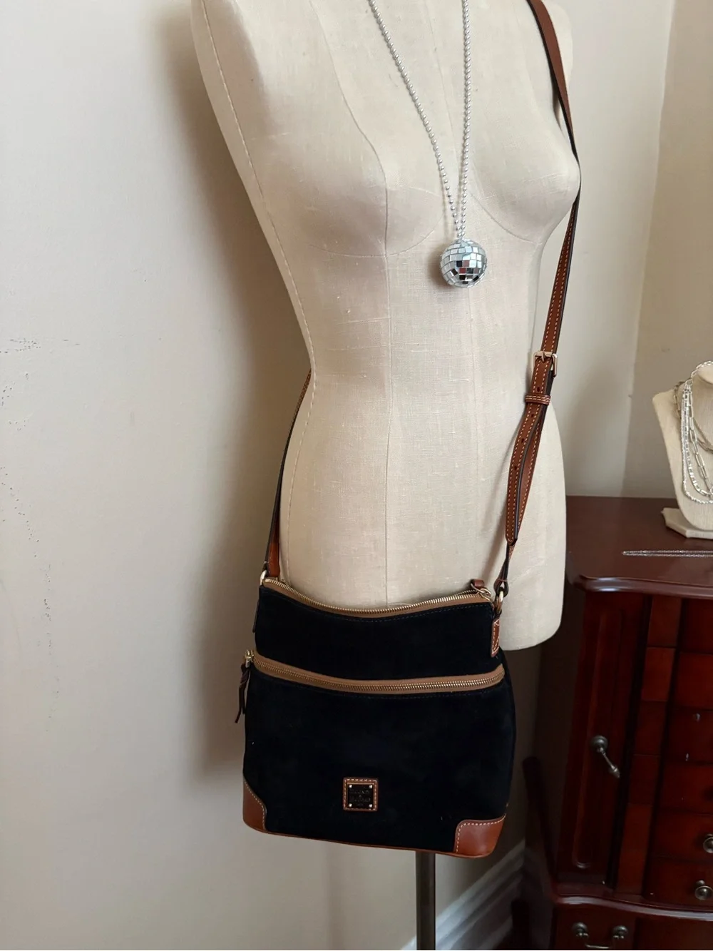 Dooney & Bourke Black Suede Messenger with Brown Leather Trim